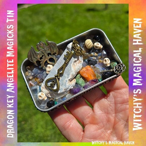 Dragon Key Angelite and Blue Chalcedony Crystal Charm Magicks Tin - Picture 3 of 5